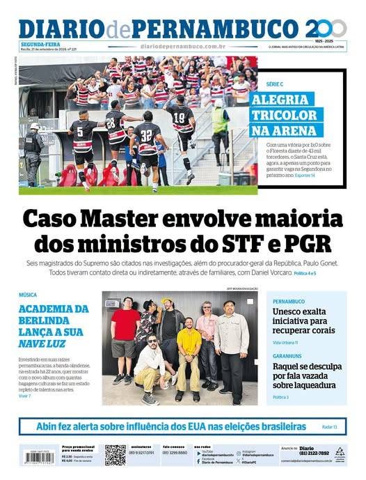 Veja a Primeira Página do Diario de Pernambuco desta segunda-feira, 21 de setembro.